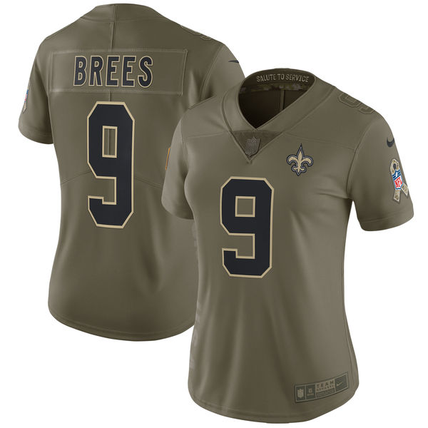 Women New Orleans Saints #9 Brees Nike Olive Salute To Service Limited NFL Jerseys->women nfl jersey->Women Jersey